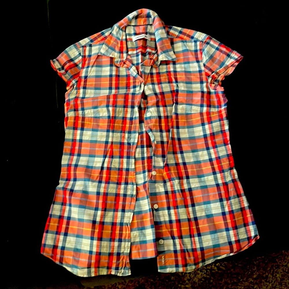 Lacoste, small madras plaid, cotton cap sleeve shirt, like new condition. 38.